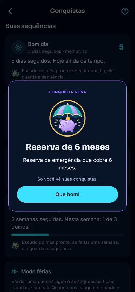 Tela do app: Conquistas e sequências