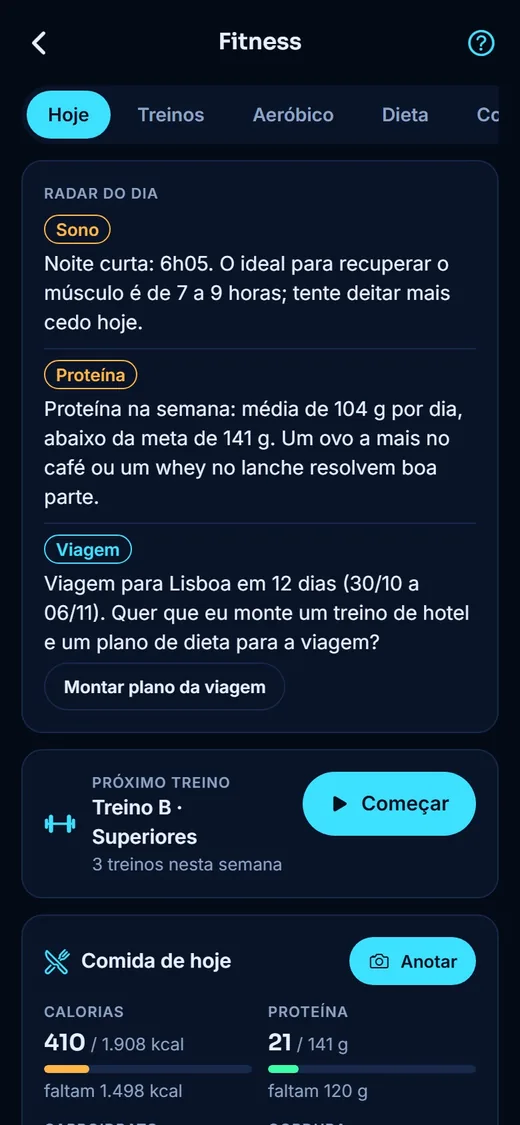 Tela do app: Treino: a aba Hoje